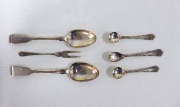 3 silver condiment spoons, a silver pickle fork and two early Victorian silver teaspoons, London