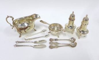 George VI silver sauce boat, Birmingham 1946, 2 silver butter knives, 3 Victorian silver spoons,