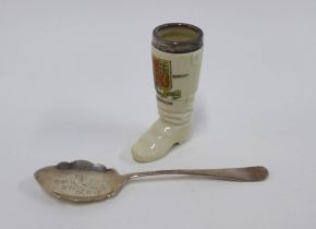 Sheffield silver jam spoon and a silver mounted crested ware boot for Kensington, London 1905 (2)