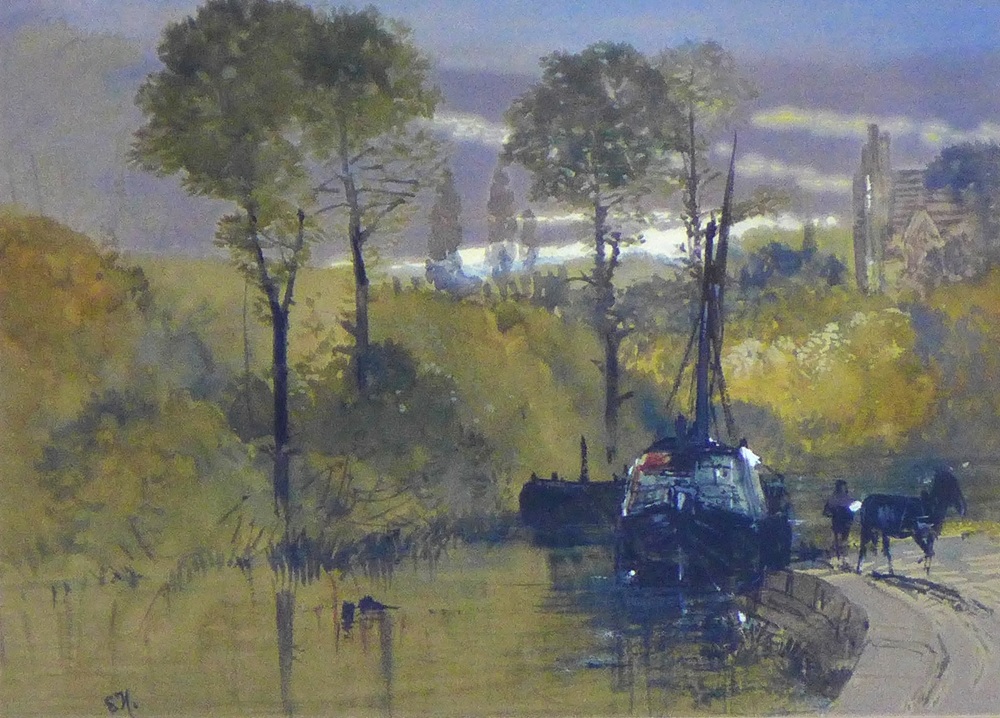 Untitled river and boat scene, gouache, signed with a monogram bottom left, framed under glass, 12 x