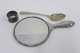 Georgian Scottish silver berry spoon, Edinburgh 1802, a silver backed hand mirror and an Edwardian