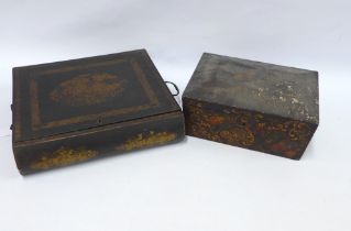 Black lacquered chinoiserie writing box, the interior with red lined slope and lidded