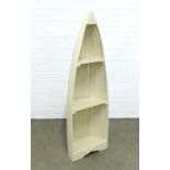 Modern white painted Boat open bookcase, 47 x 147cm.