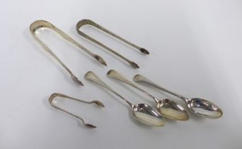 Georgian silver sugar tongs, Edinburgh 1805 and two other silver sugar tongs together with three