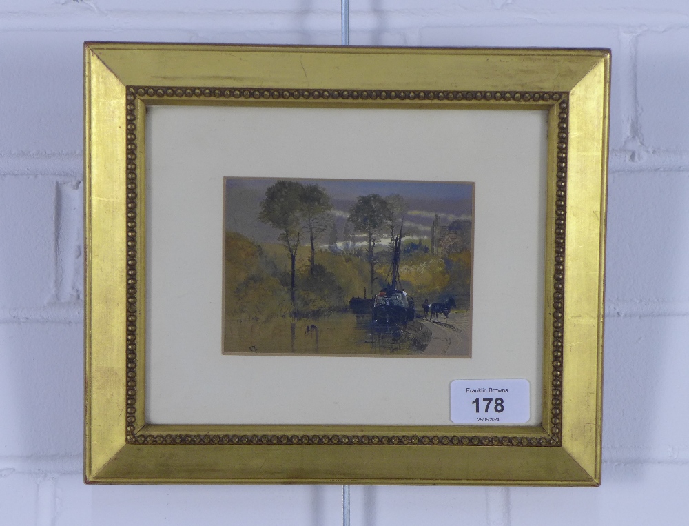 Untitled river and boat scene, gouache, signed with a monogram bottom left, framed under glass, 12 x - Image 2 of 3