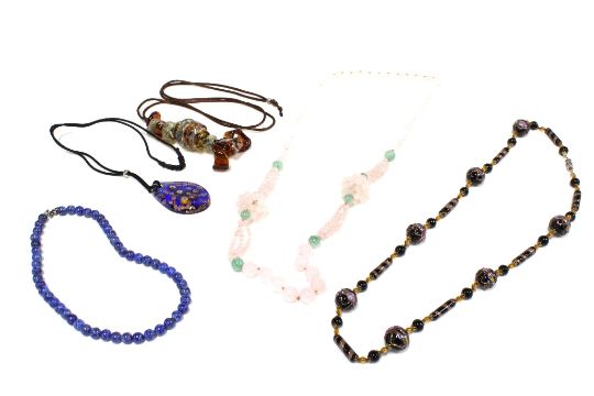 Five bead strand necklaces to include jadeite, lapis and glass (5)