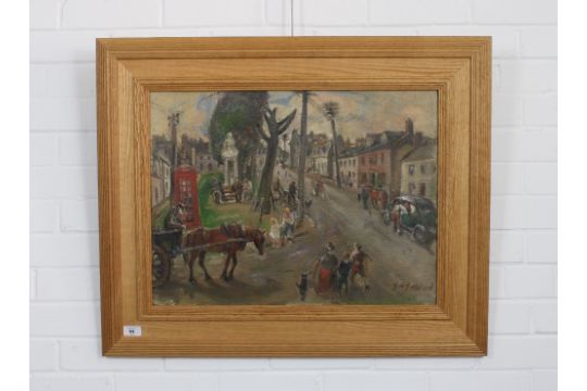 DAVID MACBETH SUTHERLAND R.S.A. (SCOTTISH 1883-1974), VILLAGE ROAD WITH RED TELEPHONE BOX, signed - Image 2 of 3