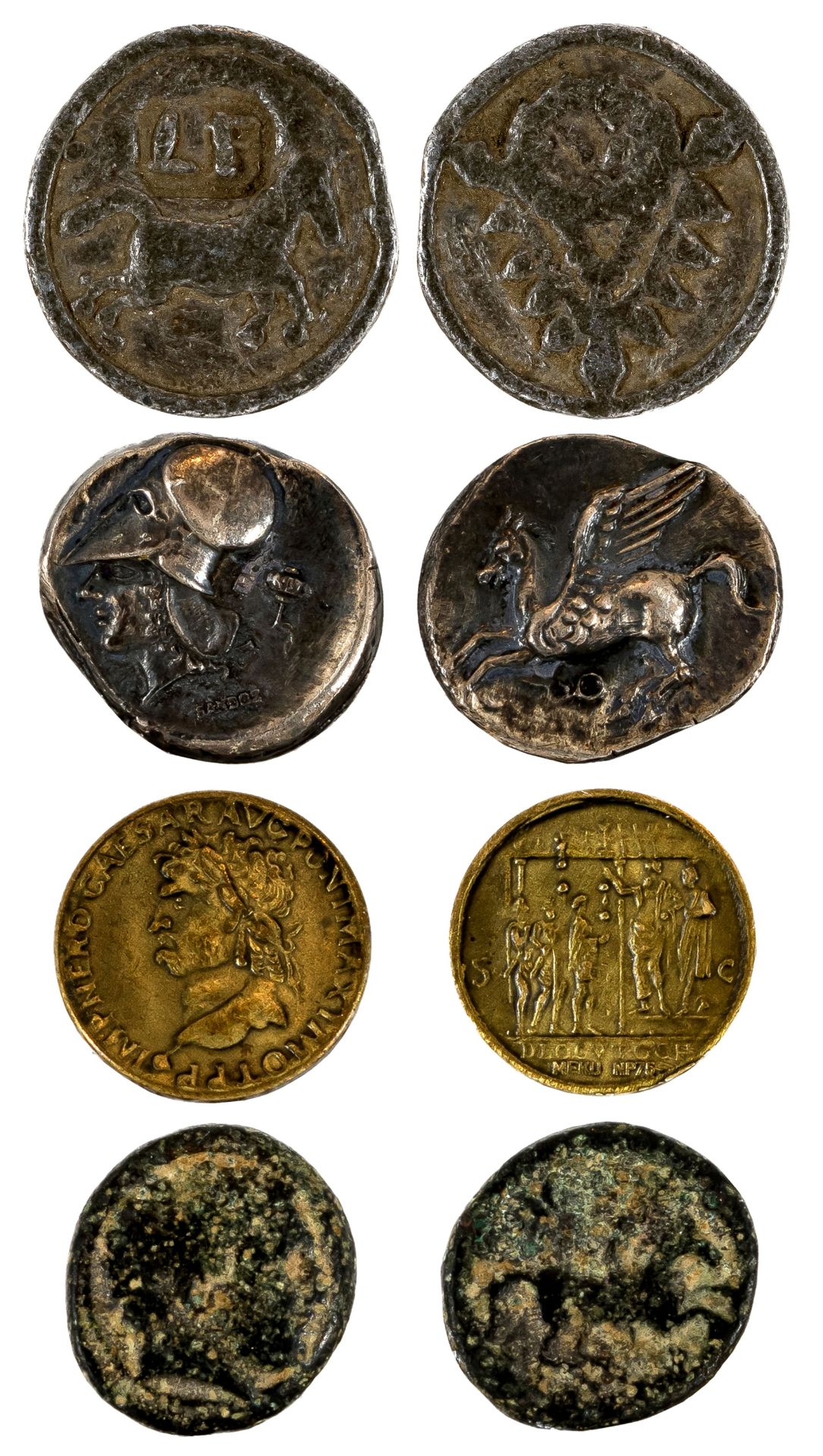 Konvolut von 2 antiken Münzen und 2 Nachprägungen