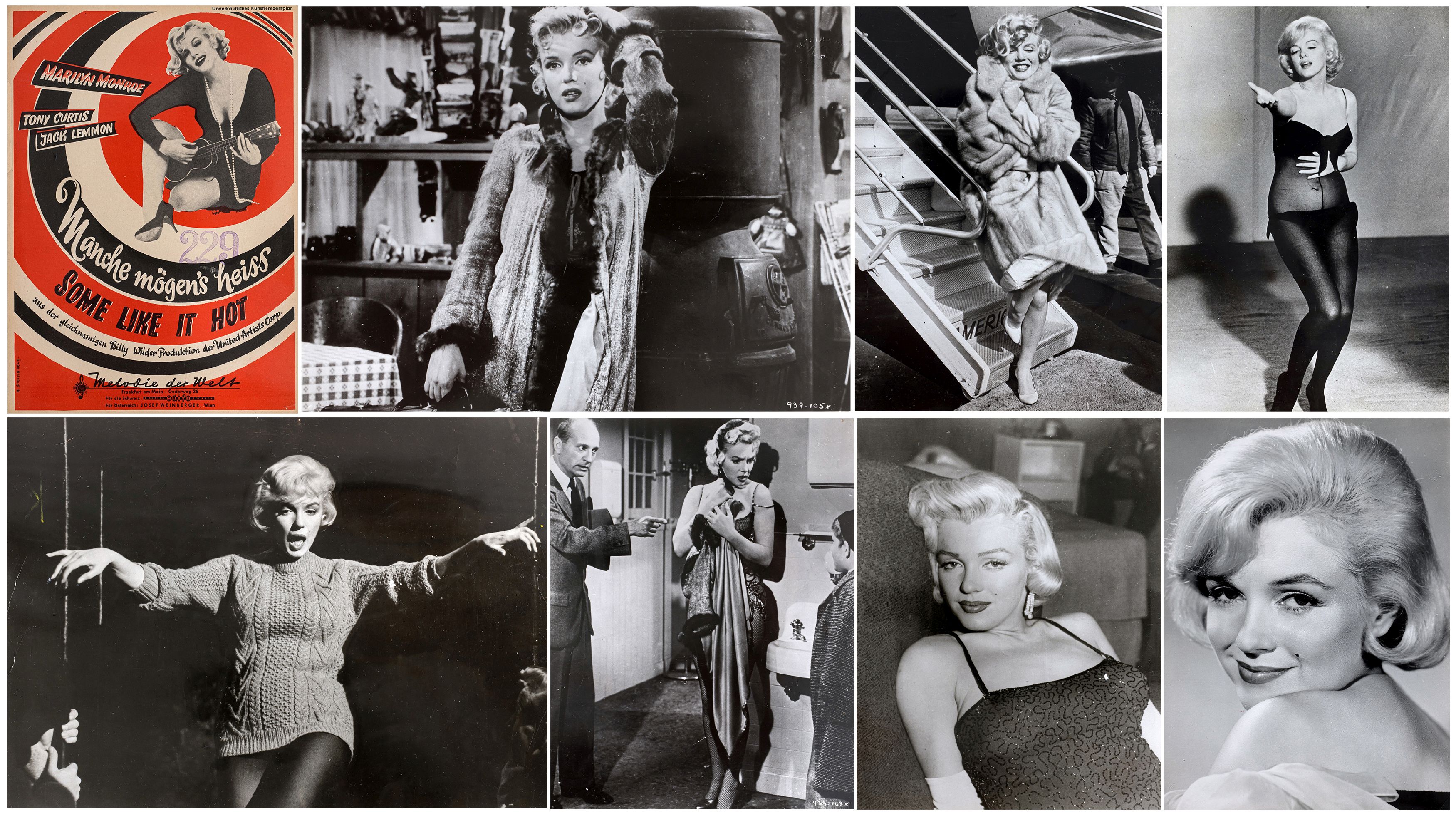FOTOGRAFIE | 7 Pressefotos von Marilyn Monroe und 1 Notenblatt "Some Like It Hot"