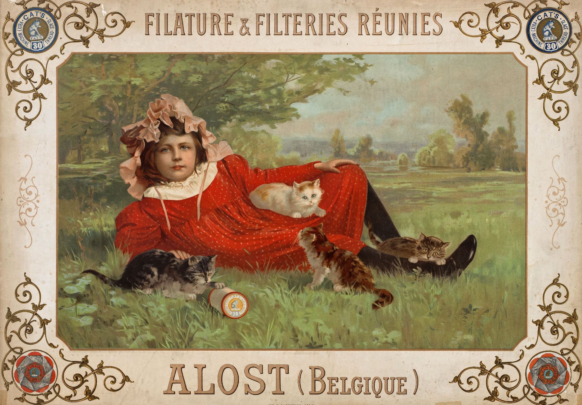 Werbeplakat | Kurzwaren-Fabrik: "FILATURE & FILTERIES RÉUNIES, ALOST (Belgique)"