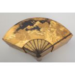 A FINE GOLD LACQUER FAN-SHAPED TWO-CASE BOX AND COVER WITH INTERIOR TRAY