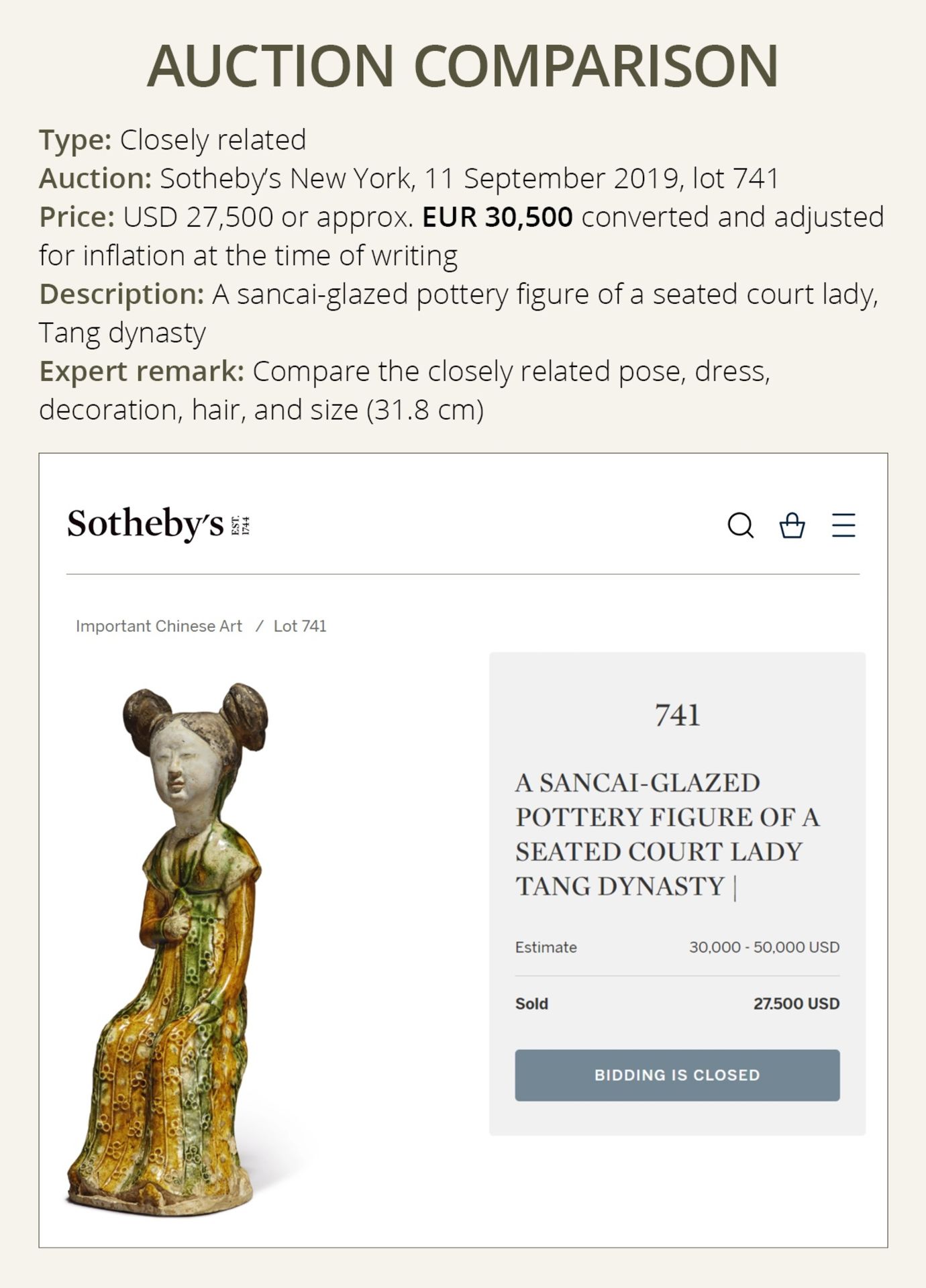 A RARE SANCAI-GLAZED POTTERY FIGURE OF A SEATED COURT LADY, TANG DYNASTY OR LATER - Bild 4 aus 15