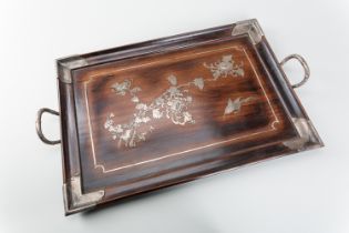 A FINE SILVER-INLAID WOOD TRAY