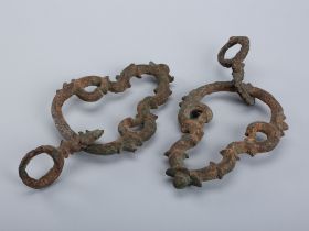 A PAIR OF PALANQUIN HANDLES WITH HOOKS, KHMER STYLE