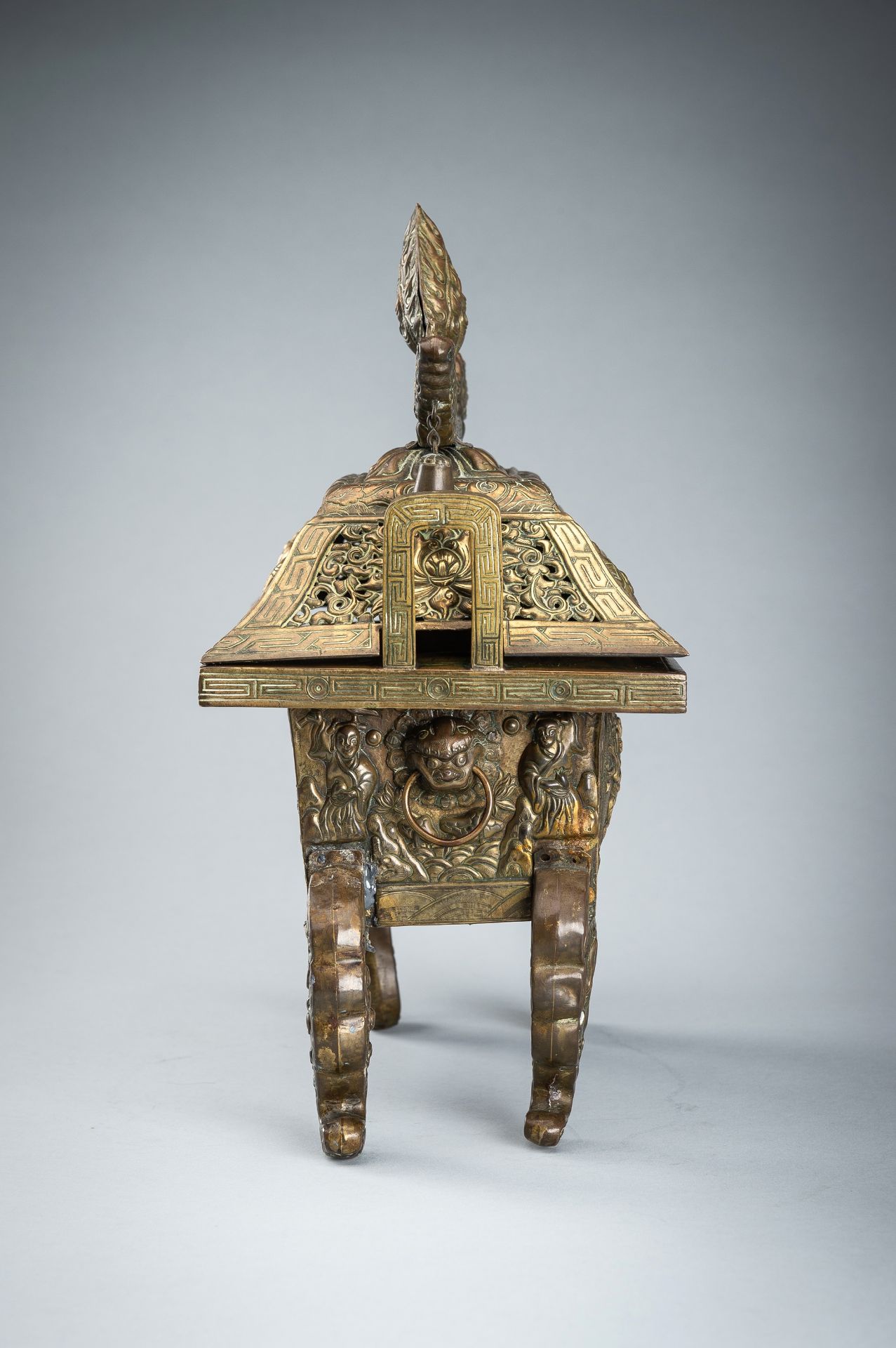 A GILT COPPER REPOUSSE CENSER AND RETICULATED COVER, FANGDING, QING DYNASTY - Image 8 of 20