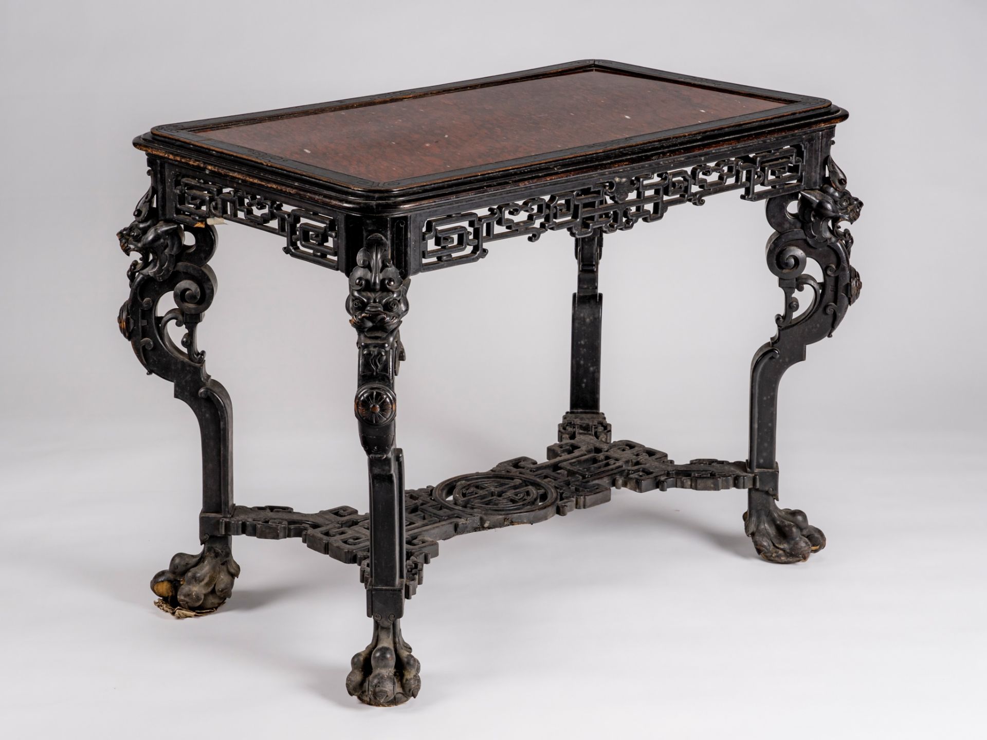 A LACQUERED HONGMU WOOD AND STONE CONSOLE TABLE, QING DYNASTY
