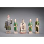 A GROUP OF FIVE POTTERY FIGURES, MING DYNASTY