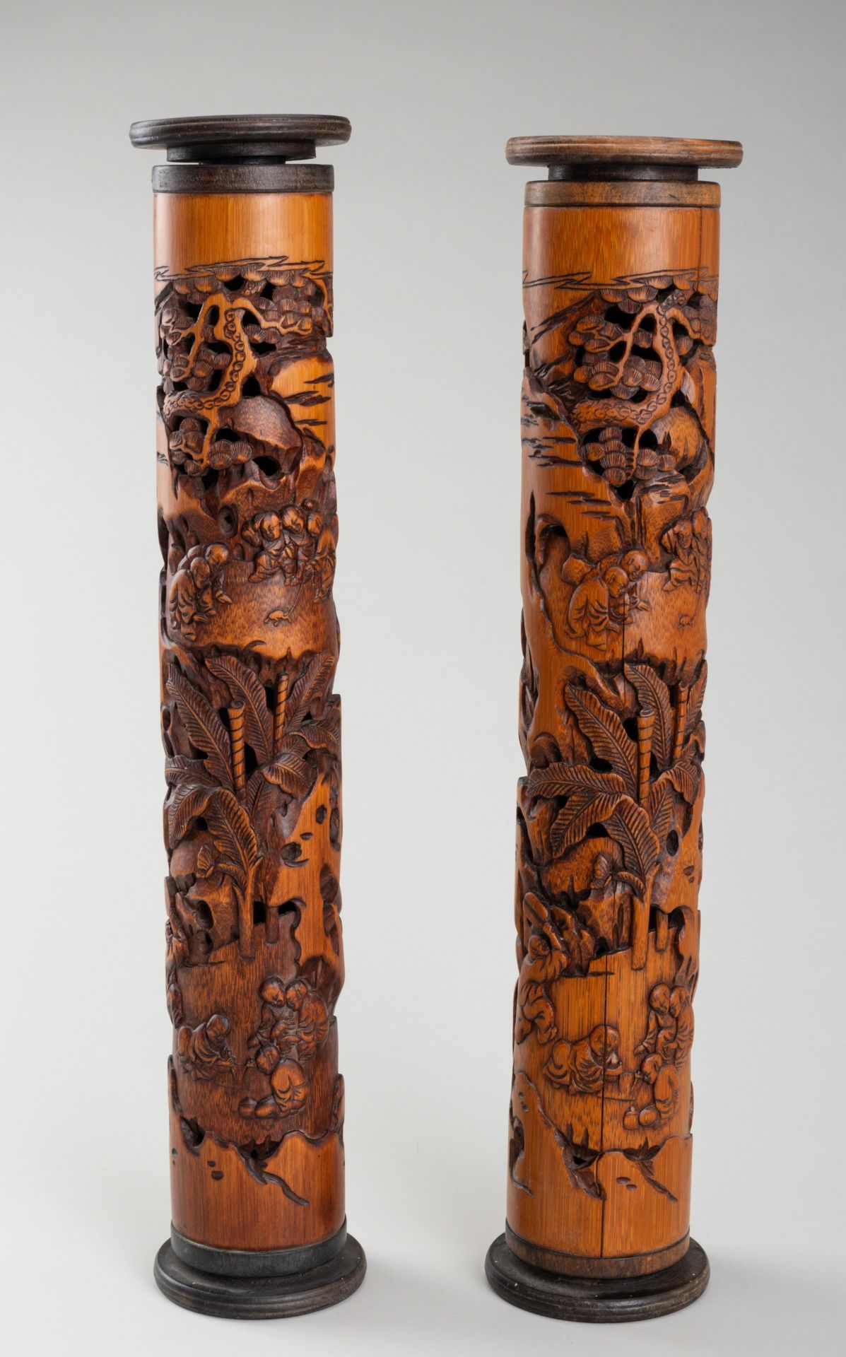 TWO BAMBOO 'BOYS AT PLAY' INCENSE HOLDERS, QING DYNASTY