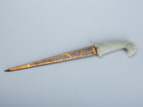 A SILVER-INLAID BRONZE KARD (DAGGER) WITH A HARDSTONE 'RAM HEAD' HILT, MUGHAL EMPIRE