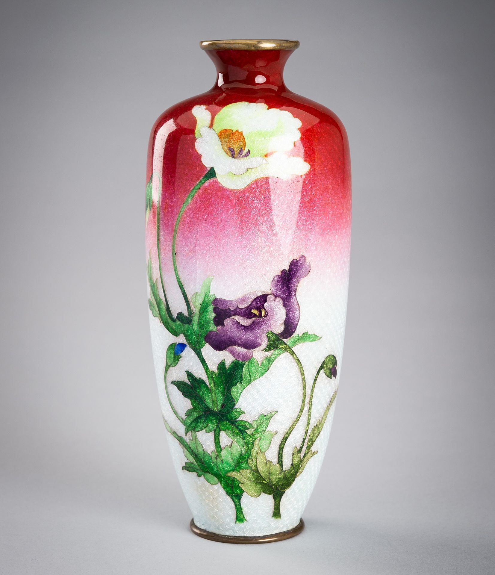 A RED AND WHITE GINBARI VASE WITH POPPY FLOWERS