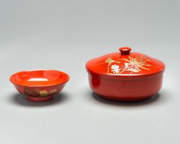 A RED LACQUER NIMONO WAN (BOWL WITH COVER) AND A SMALL KOBACHI (DISH)