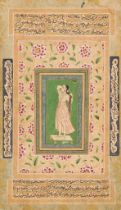 AN INDIAN MINIATURE PAINTING OF A LADY STANDING ON A FOOTSTOOL, 18TH CENTURY