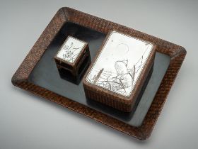 A SET WITH THREE LACQUER, SILVER AND WOVEN RATTAN ITEMS, MEIJI