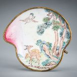 A SMALL CANTON ENAMEL PEACH-FORM DISH, 18TH CENTURY