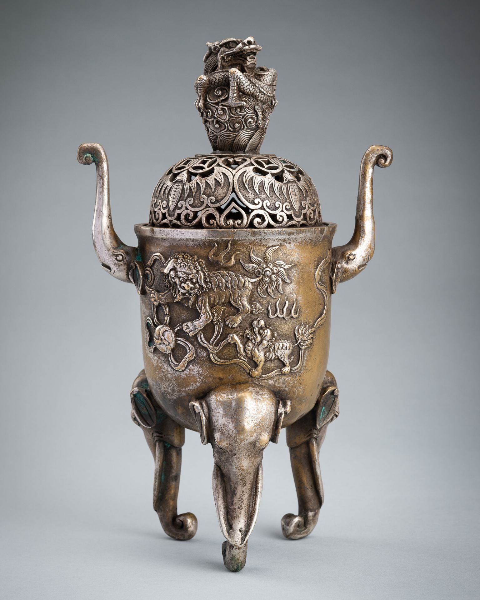A SILVERED BRONZE 'ELEPHANT' TRIPOD CENSER AND OPENWORK COVER, 19TH CENTURY