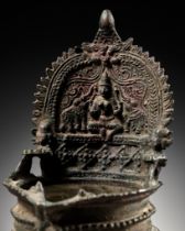 A BRONZE OIL LAMP DEPICTING GAJALAKSHMI WITH ELEPHANTS, SOUTH INDIA, KERALA, 15TH-17TH CENTURY