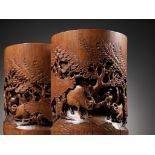 A PAIR OF BAMBOO 'OX-HERD' BRUSHPOTS, BITONG, QING DYNASTY
