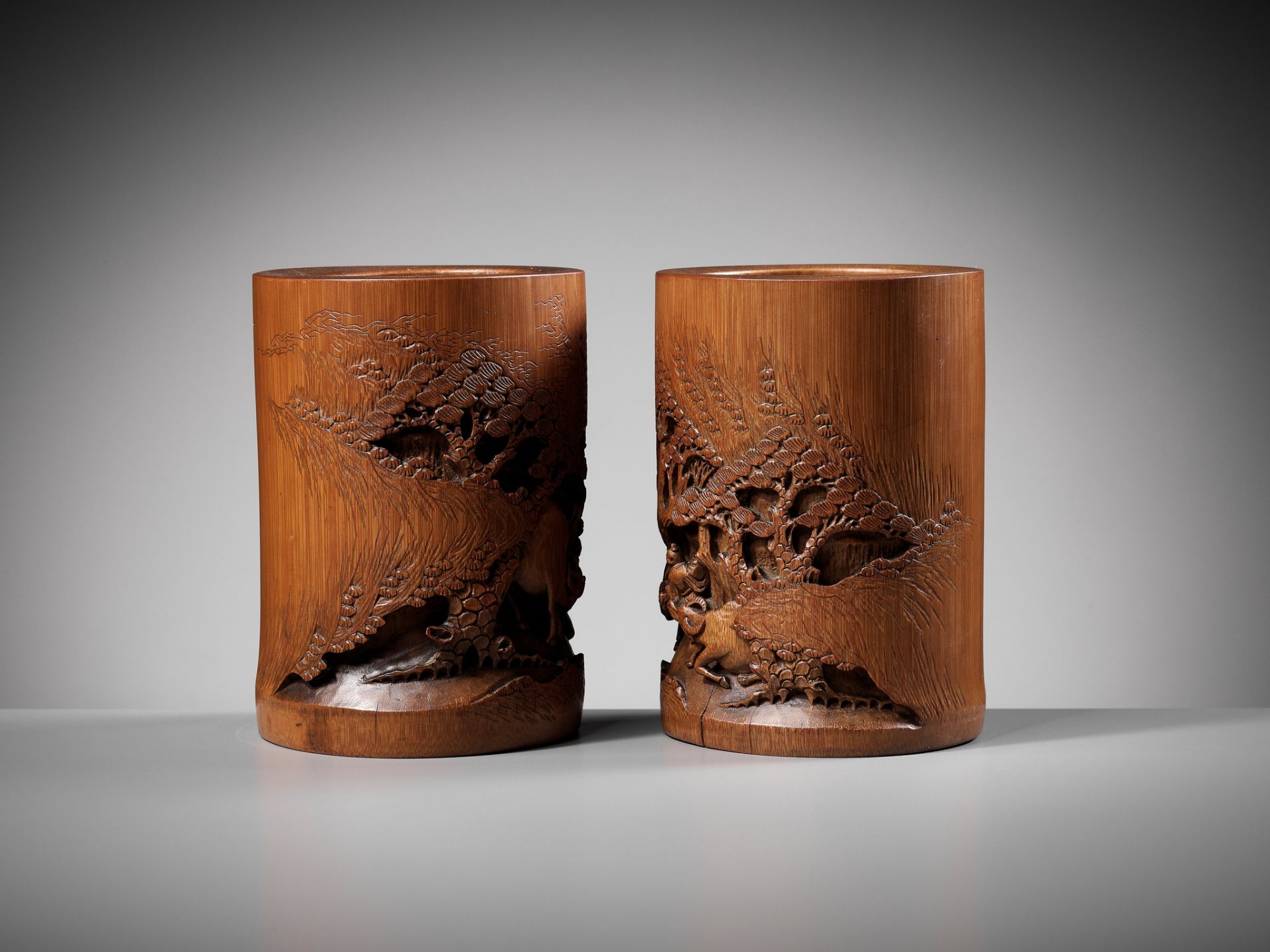 A PAIR OF BAMBOO 'OX-HERD' BRUSHPOTS, BITONG, QING DYNASTY - Image 5 of 13