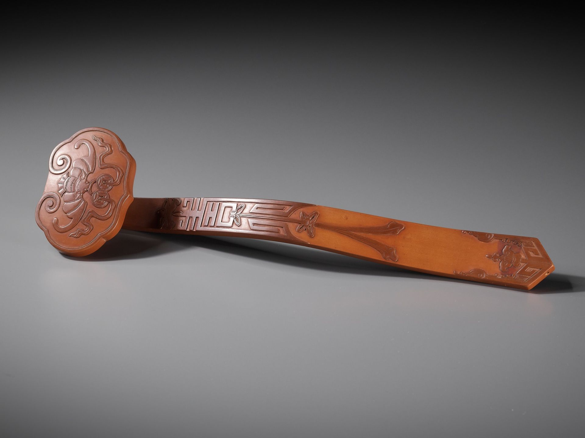 A RARE BAMBOO-VENEER RUYI SCEPTRE, QIANLONG PERIOD, IMPERIALLY INSCRIBED WITH A POEM