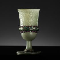 A MUGHAL GILT AND 'GEM'-INLAID JADE STEM CUP, INDIA, 18TH CENTURY