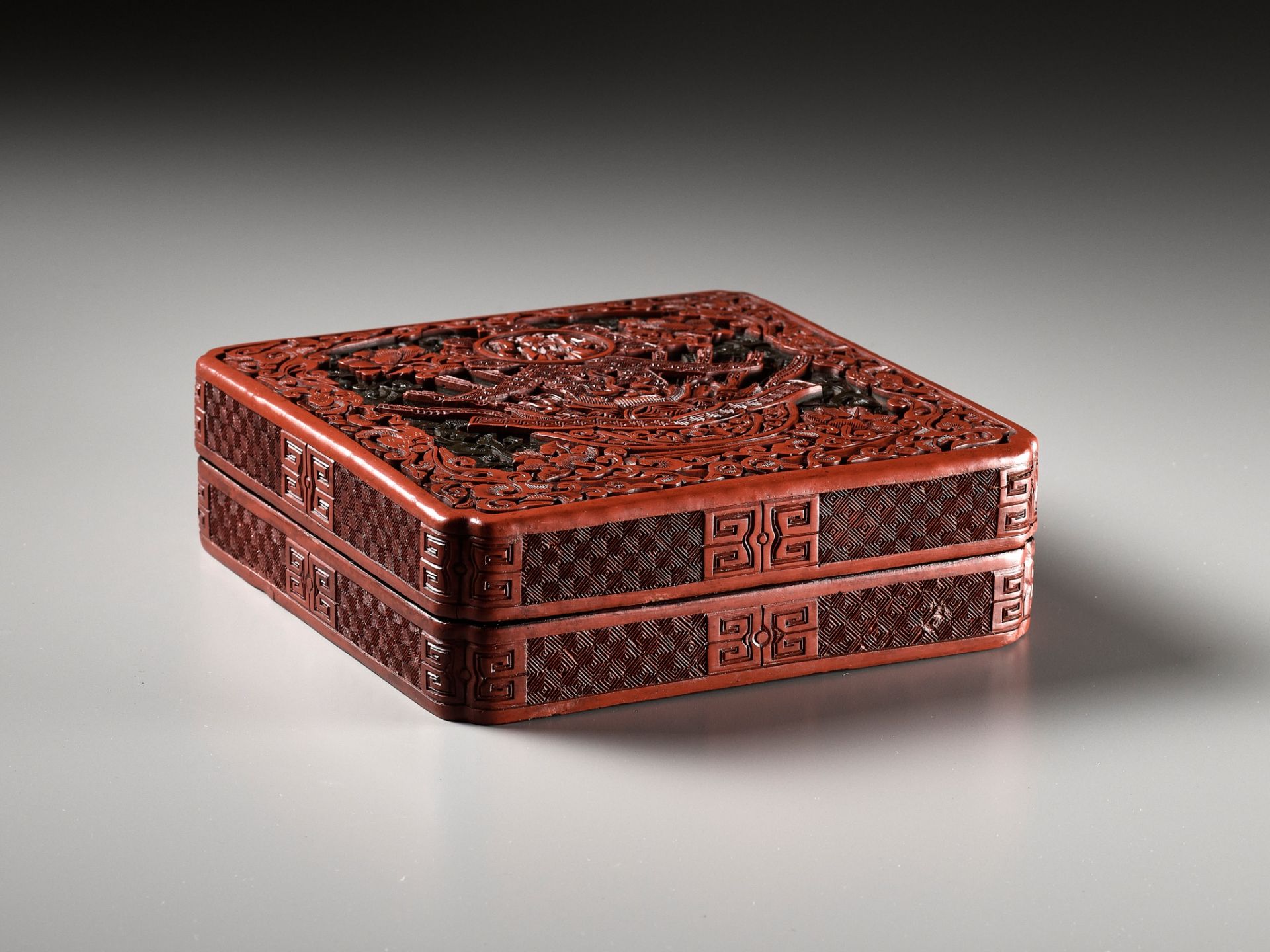 A SQUARE THREE-COLOR LACQUER 'CHUN' SPRING BOX AND COVER, QING DYNASTY - Image 9 of 11