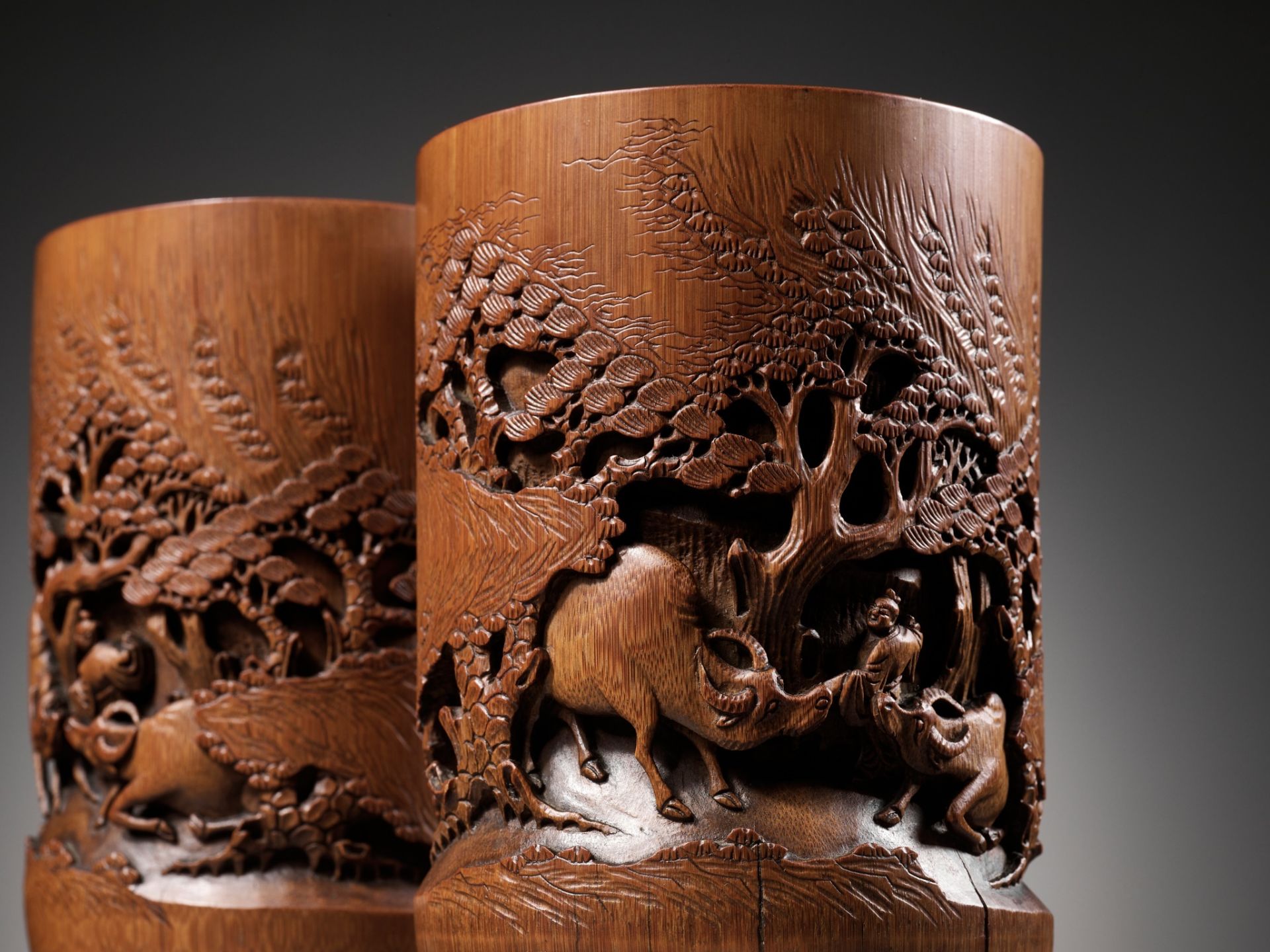 A PAIR OF BAMBOO 'OX-HERD' BRUSHPOTS, BITONG, QING DYNASTY - Image 13 of 13