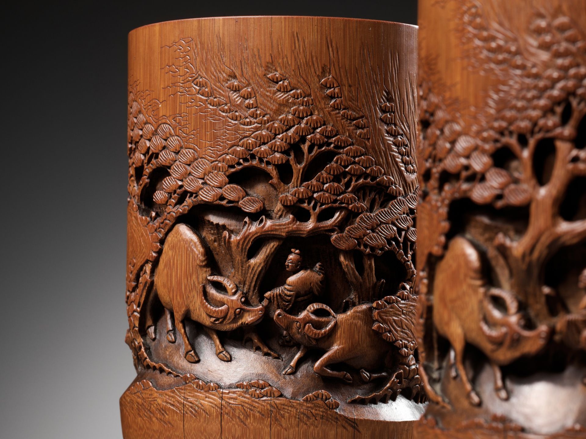 A PAIR OF BAMBOO 'OX-HERD' BRUSHPOTS, BITONG, QING DYNASTY - Image 6 of 13