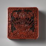 A SQUARE THREE-COLOR LACQUER 'CHUN' SPRING BOX AND COVER, QING DYNASTY
