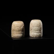 A PAIR OF JADE BEAD ORNAMENTS WITH GODHEAD MASKS, SHENREN, LIANGZHU CULTURE