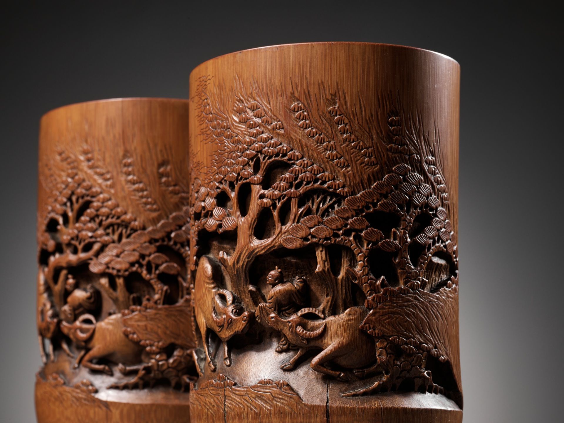 A PAIR OF BAMBOO 'OX-HERD' BRUSHPOTS, BITONG, QING DYNASTY - Image 7 of 13