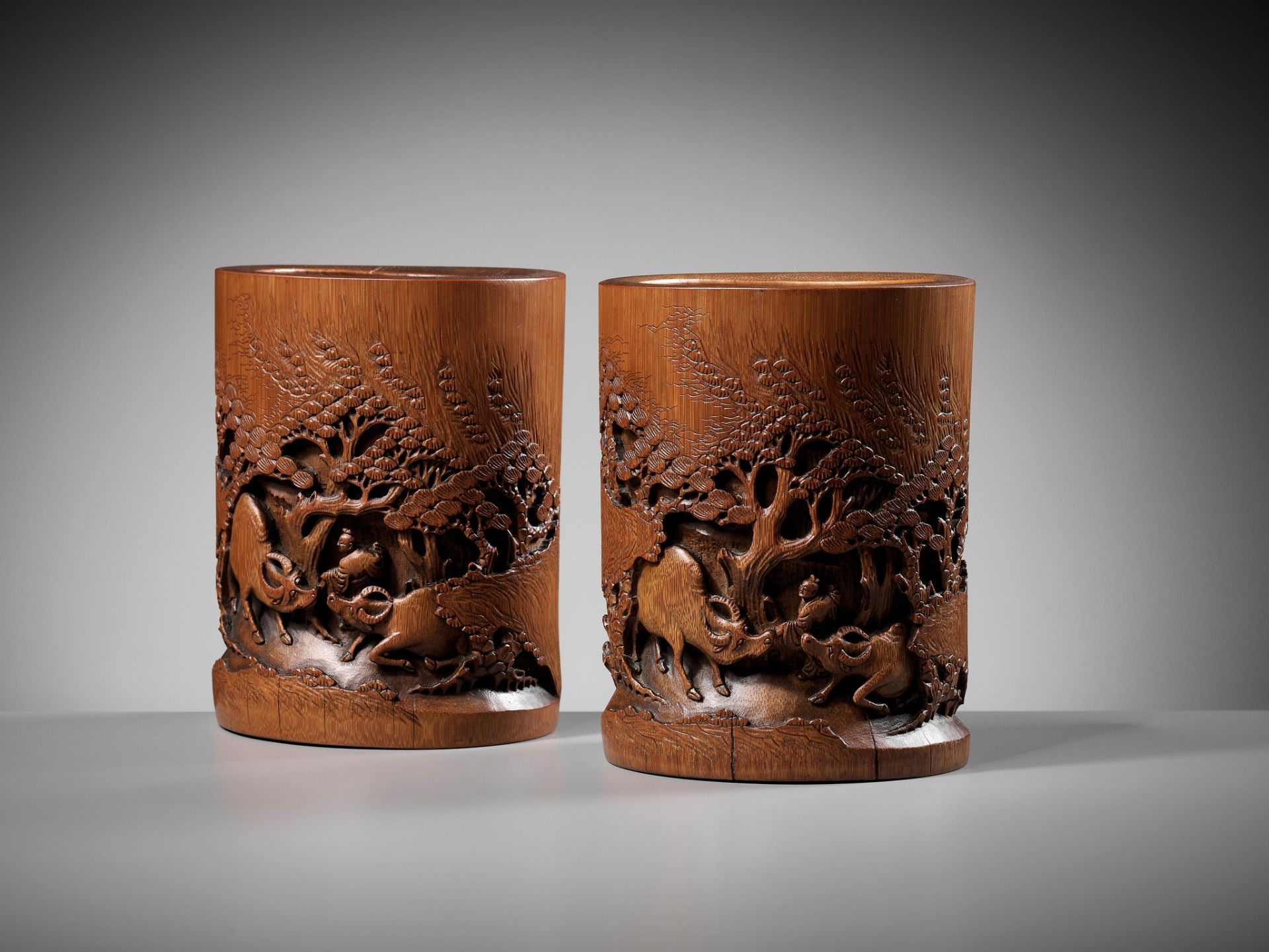 A PAIR OF BAMBOO 'OX-HERD' BRUSHPOTS, BITONG, QING DYNASTY - Image 3 of 13