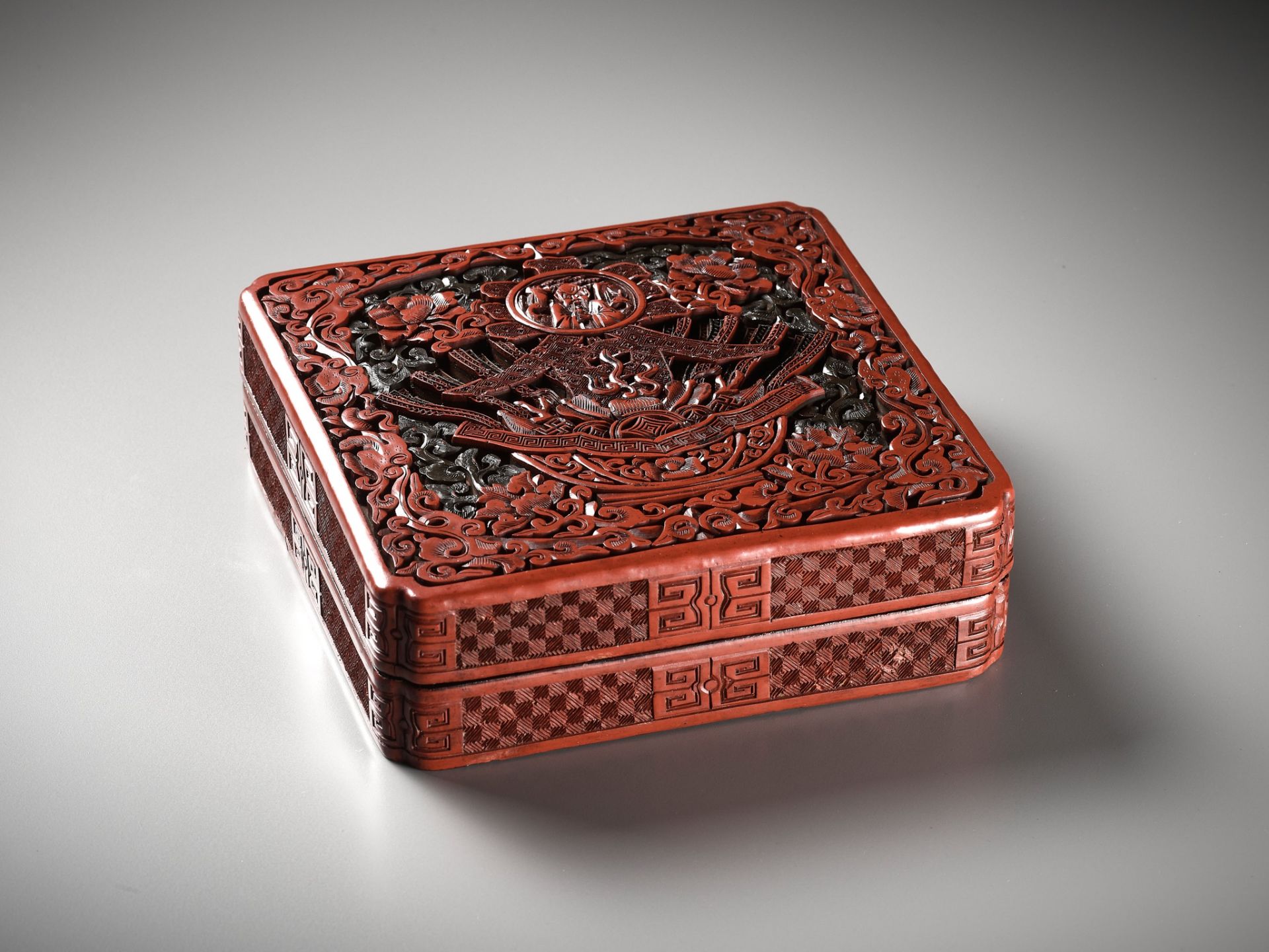 A SQUARE THREE-COLOR LACQUER 'CHUN' SPRING BOX AND COVER, QING DYNASTY - Image 7 of 11