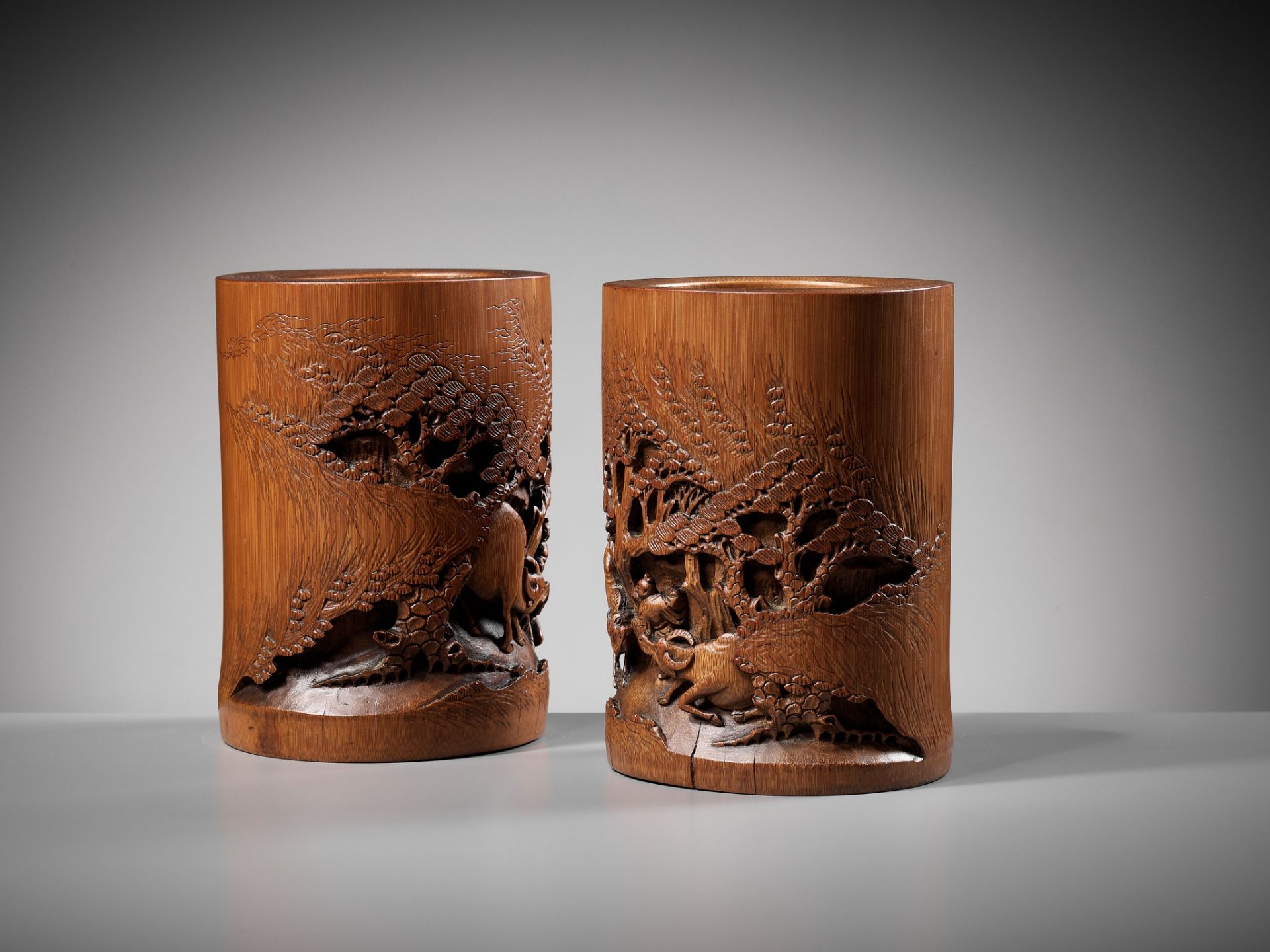 A PAIR OF BAMBOO 'OX-HERD' BRUSHPOTS, BITONG, QING DYNASTY - Image 10 of 13