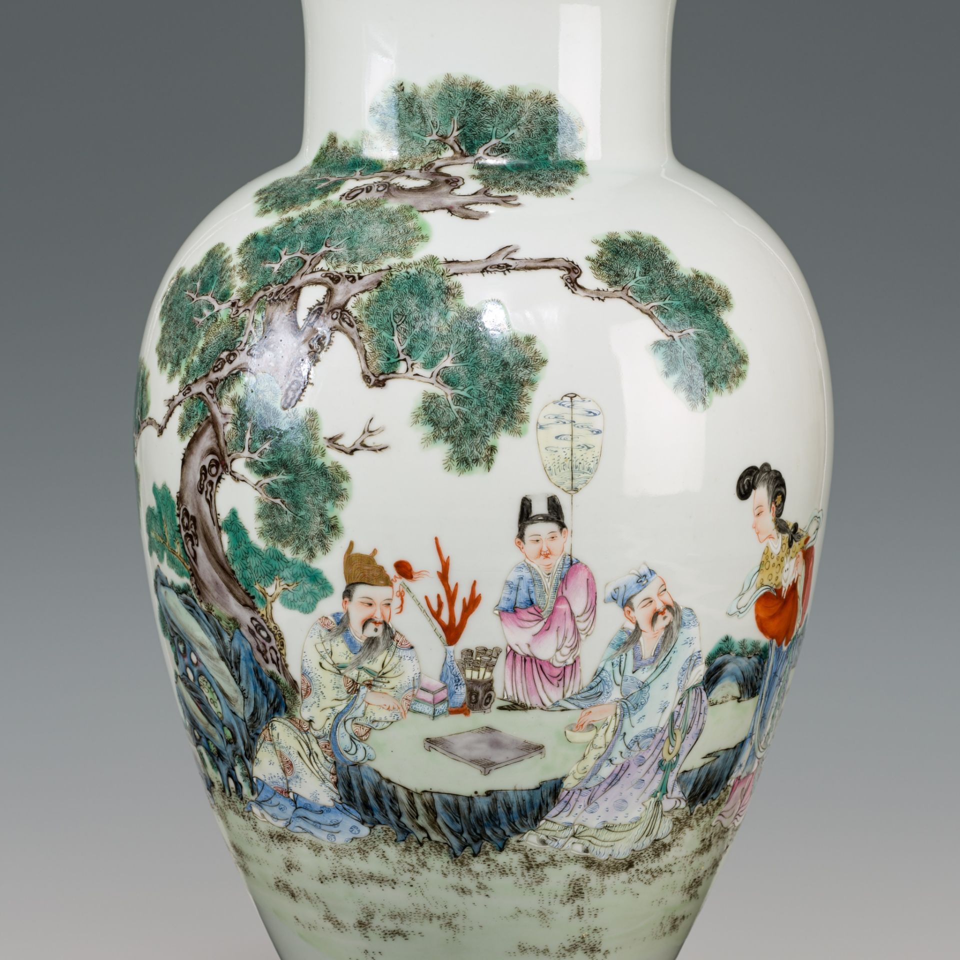 A FAMILLE ROSE 'SCHOLARS' VASE, SHENDETANG ZHI MARK, REPUBLIC PERIOD