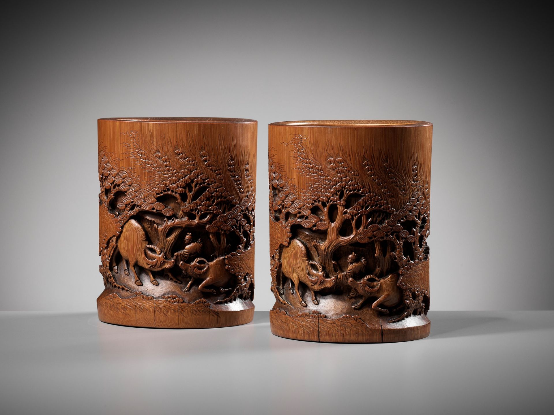 A PAIR OF BAMBOO 'OX-HERD' BRUSHPOTS, BITONG, QING DYNASTY - Image 2 of 13