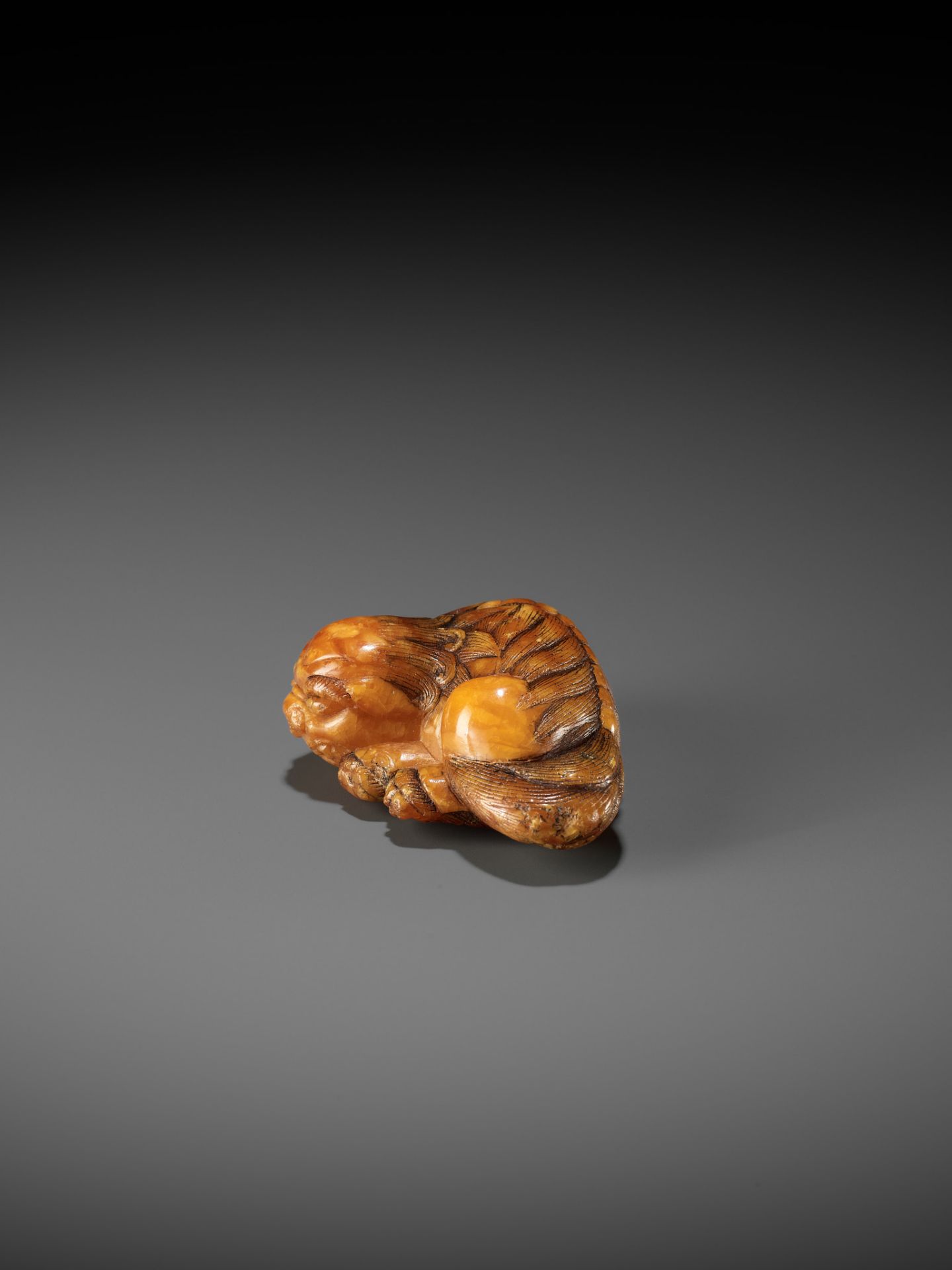 A VERY RARE CLOUDY AMBER NETSUKE OF A RECUMBENT SHISHI - Bild 5 aus 9