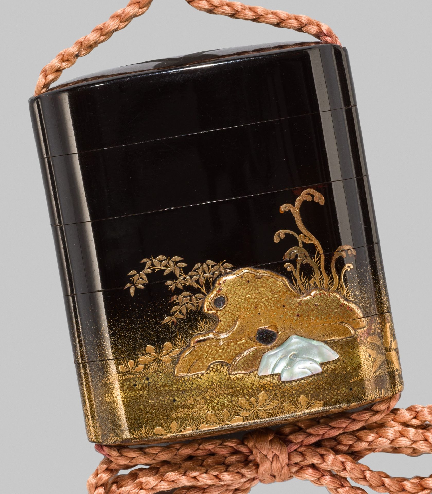 A FINE BLACK LACQUER FOUR-CASE INRO DEPICTING TOBA ON HIS MULE - Image 2 of 7