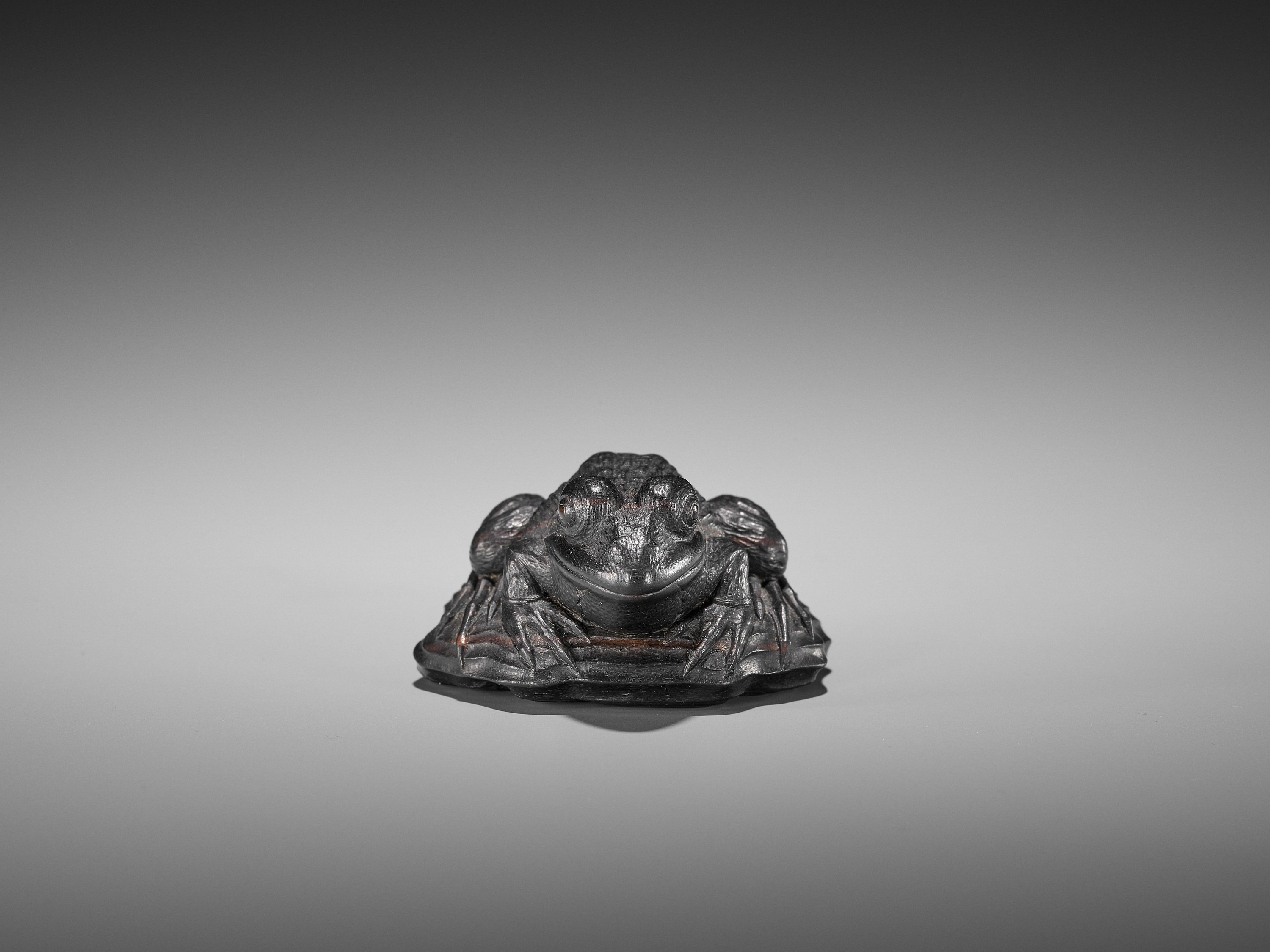 A SUPERB EBONY WOOD NETSUKE OF A FROG ON DRIFTWOOD ATTRIBUTED TO SEIYODO TOMIHARU - Image 16 of 20