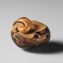 YOSHIMASA: A RARE COROZO NUT NETSUKE OF TWO MUSHROOMS AND A WORM