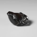 A RARE DARK WOOD NETSUKE OF A SUMO WRESTLING FROG